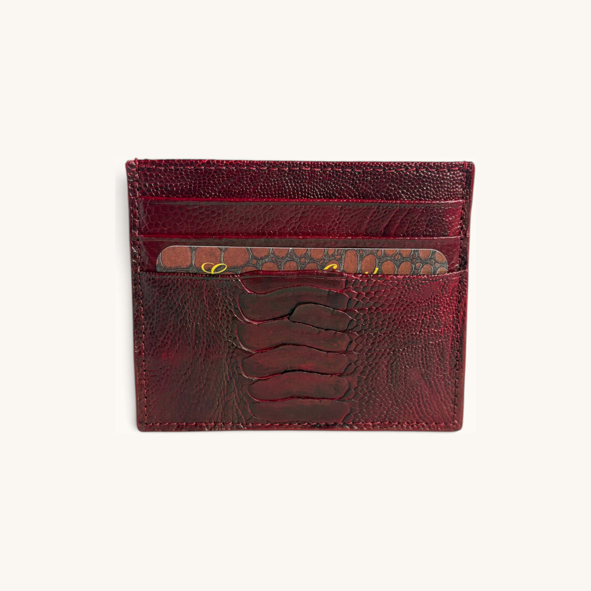 Exotic Card Case in Burgundy Ostrich Leg - Executive Leather, Wellington FL