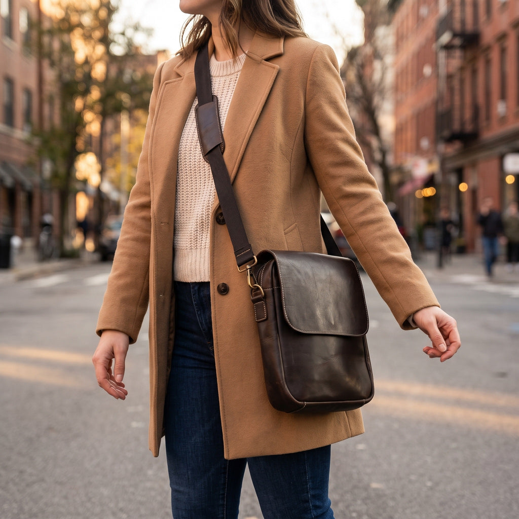 Flap Messenger Satchel in Dark Brown, carried [Dark Brown]