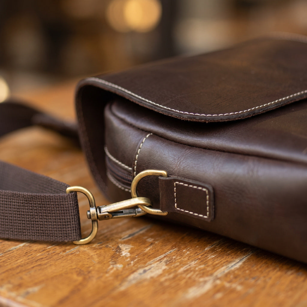Flap Messenger Satchel in Dark Brown, close-up of the hardware and stitching [Dark Brown]