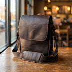 Flap Messenger Satchel in Dark Brown, on a café table [Dark Brown]
