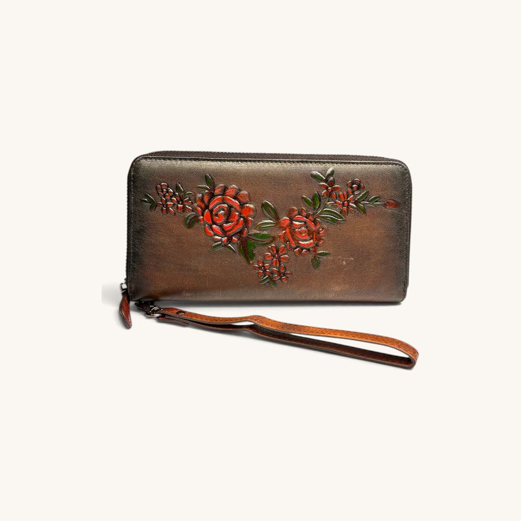 Floral Embossed Wristlet in Brown - front [Brown]