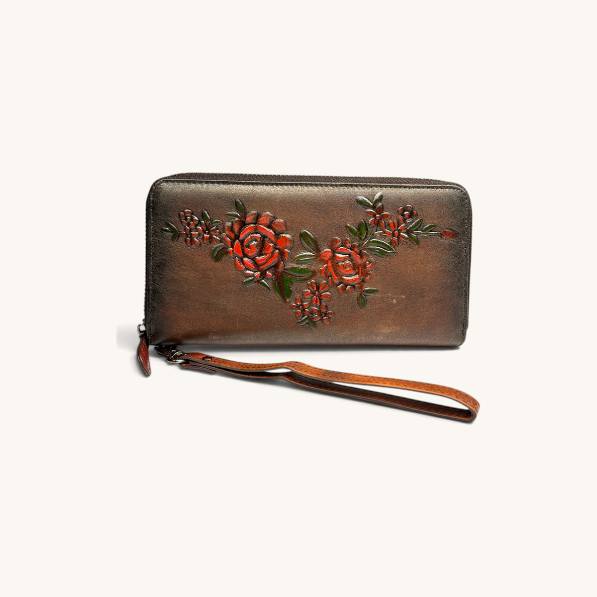 Floral Embossed Wristlet in Brown - front [Brown]