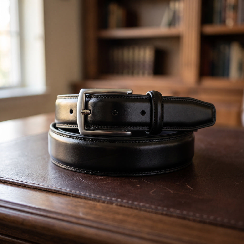 The Italian Dress Belt in Black, on a walnut executive desk [Black]