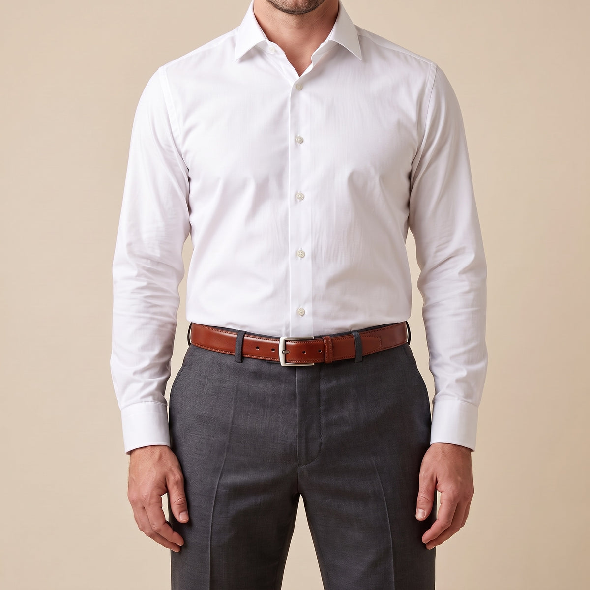 The Italian Dress Belt in Cognac, worn, front view [Cognac]