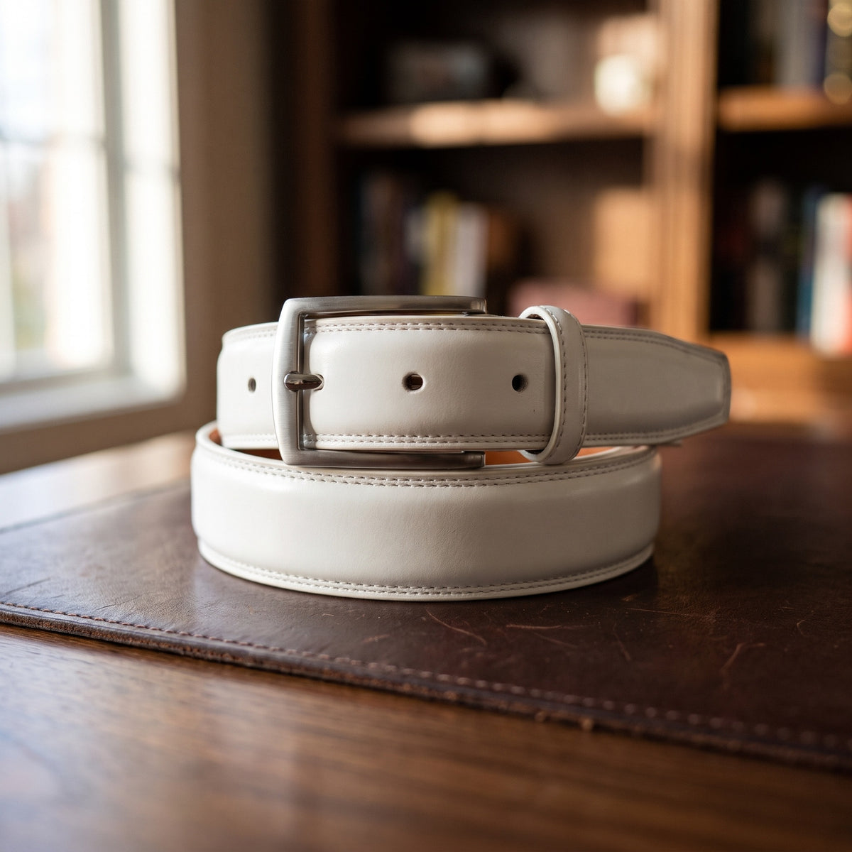 The Italian Dress Belt in White, on a walnut executive desk [White]