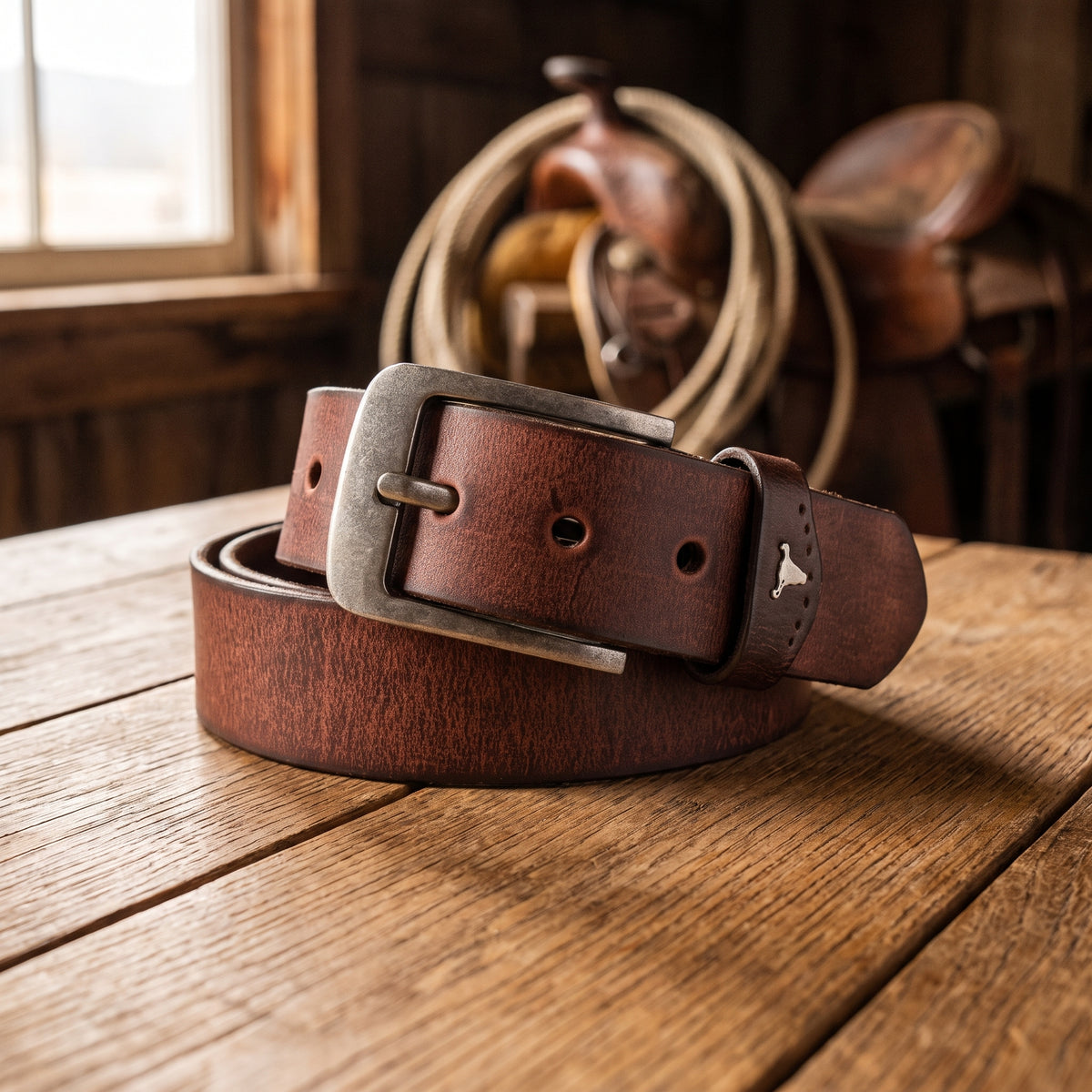 The Longhorn Belt in Brown, on a ranch tack-room table [Brown]