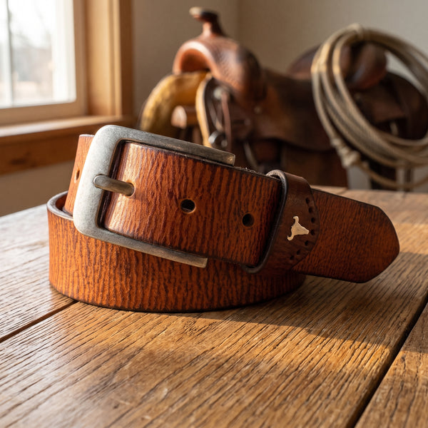 The Longhorn Belt in Tan, on a ranch tack-room table [Tan]