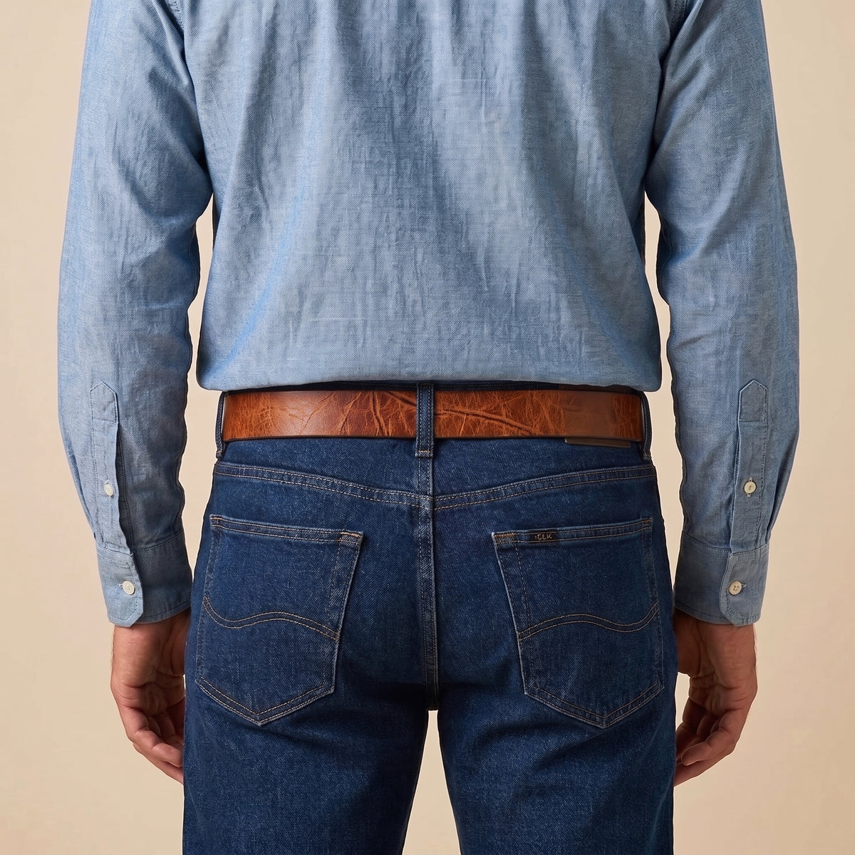 The Longhorn Belt in Tan, worn, back view [Tan]