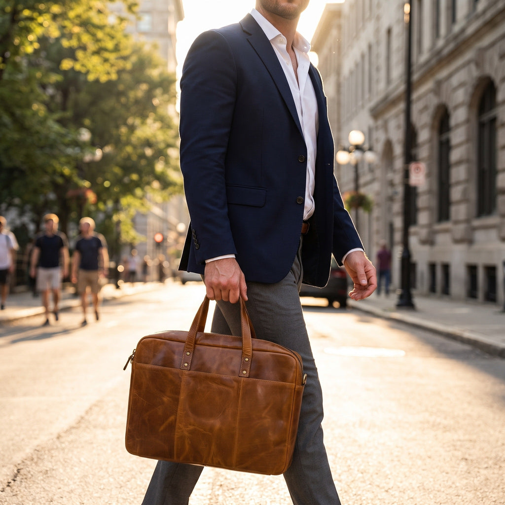 Oiled Leather Briefcase in Tan, carried [Tan]