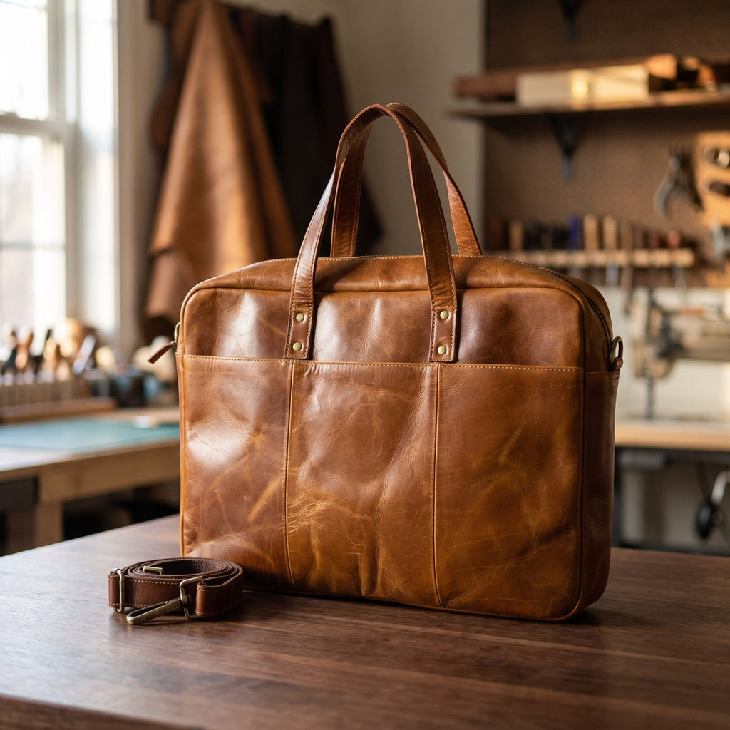 Oiled Leather Briefcase in Tan, on a leather workshop bench [Tan]