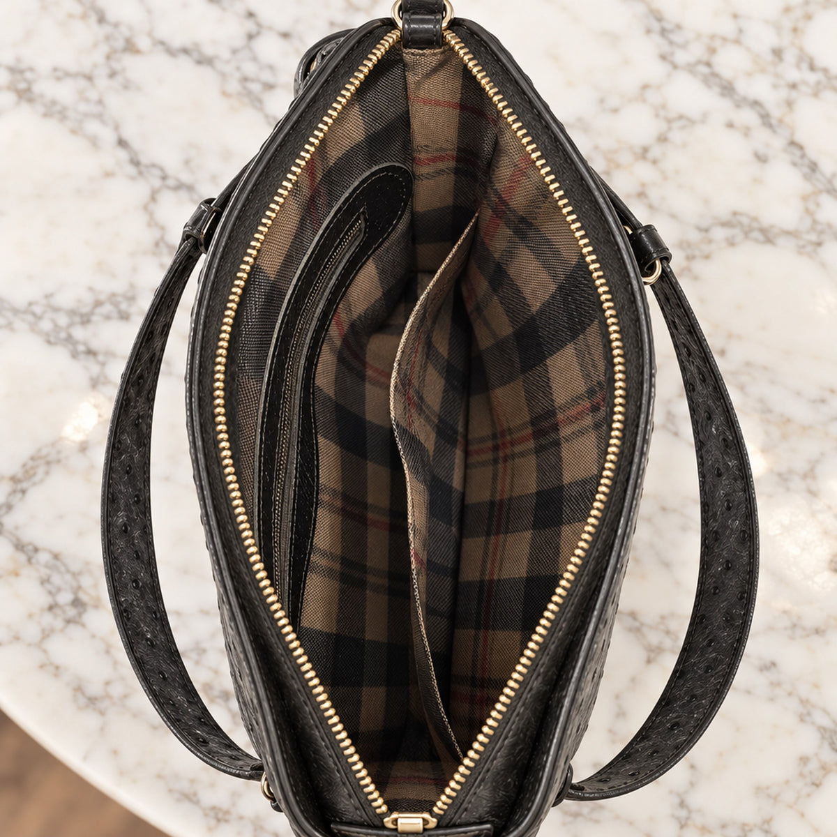 Ostrich Shoulder Bag, inside: plaid lining and slip pocket