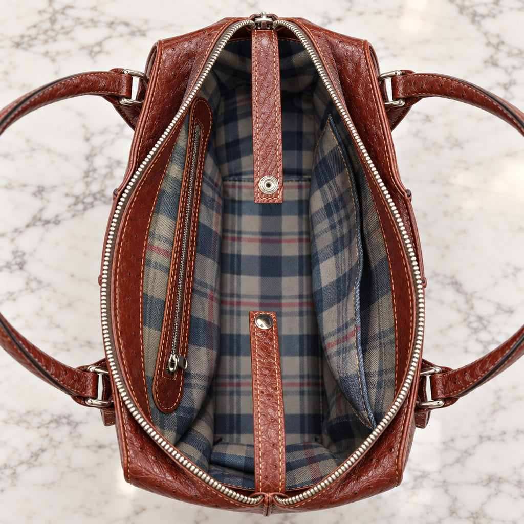 Ostrich Tote, inside: plaid lining, zip pocket and snap tabs