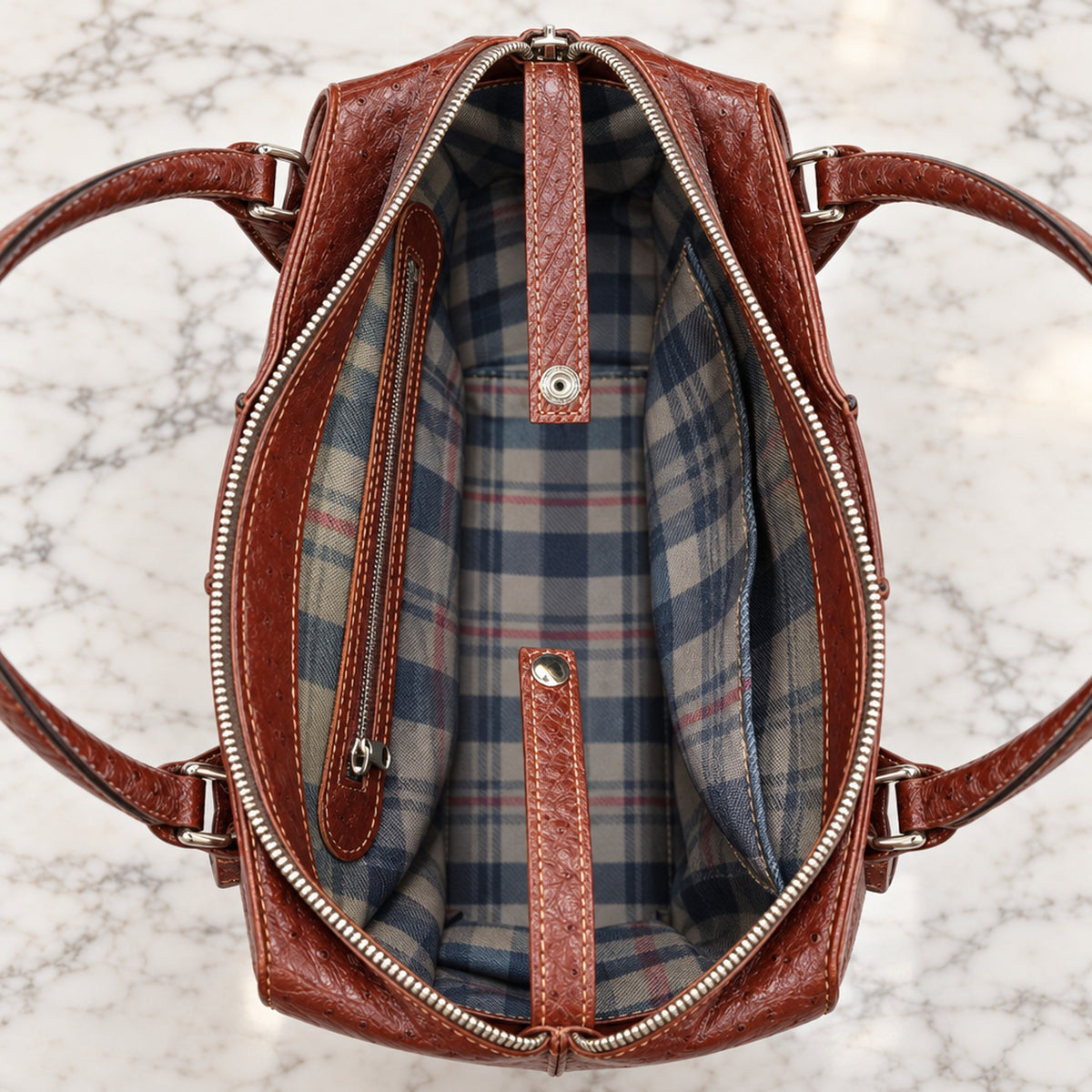 Ostrich Tote, inside: plaid lining, zip pocket and snap tabs