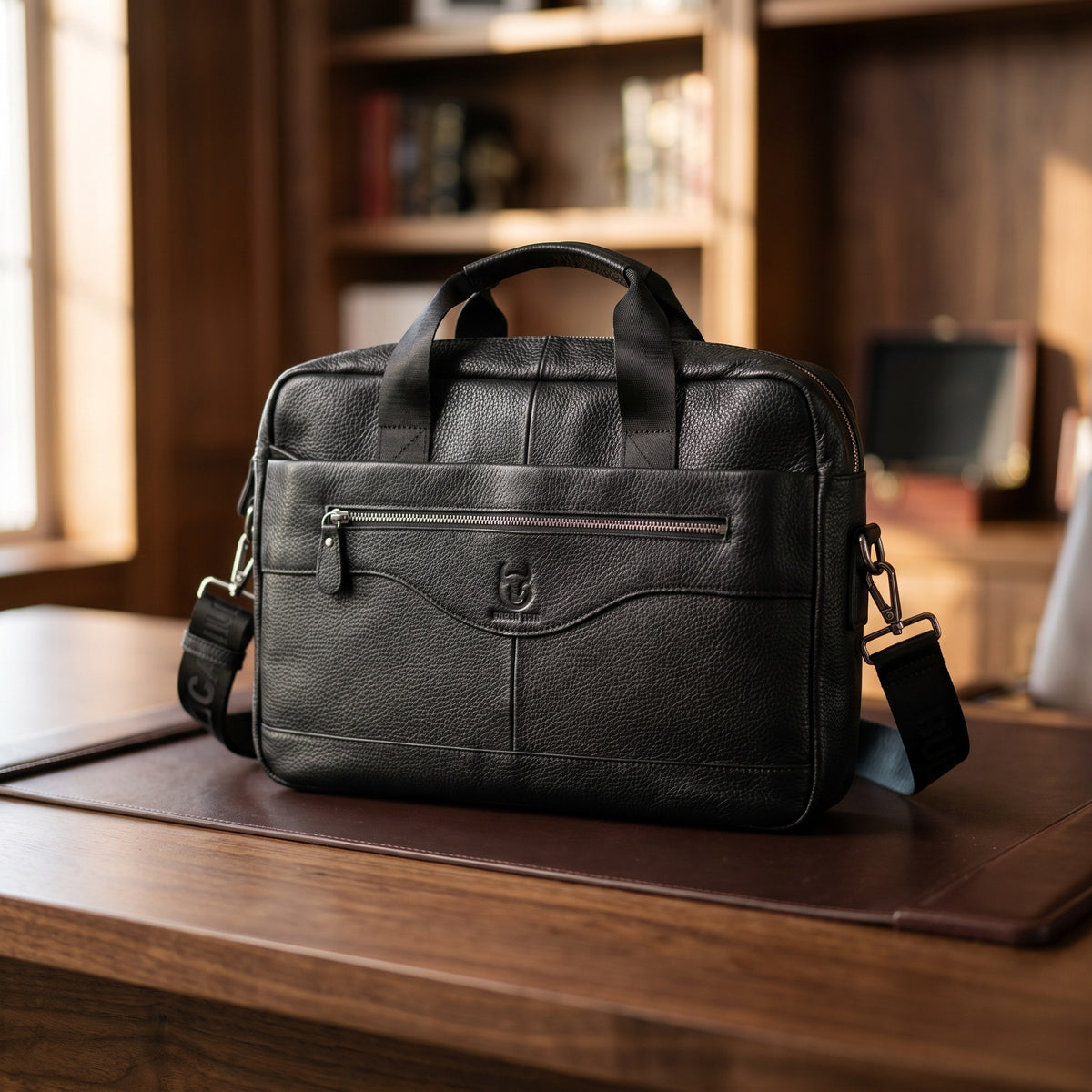Pebbled Leather Briefcase in Black, on a walnut executive desk [Black]
