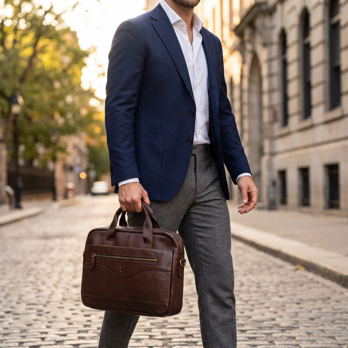 Pebbled Leather Briefcase in Oxblood, carried [Oxblood]