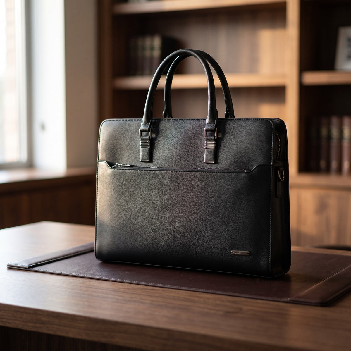 Slim Laptop Briefcase in Black, on a walnut executive desk [Black]
