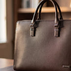 Slim Laptop Briefcase in Dark Brown, close-up of the hardware and stitching [Dark Brown]