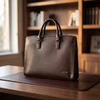 Slim Laptop Briefcase in Dark Brown, on a walnut executive desk [Dark Brown]