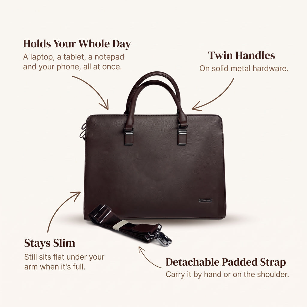 Slim Laptop Briefcase in Dark Brown, infographic: what you're paying for [Dark Brown]