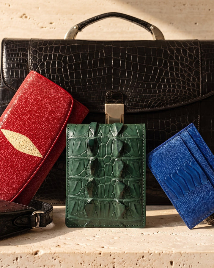 Exotic skins: a black crocodile briefcase, red stingray, green hornback crocodile and blue ostrich