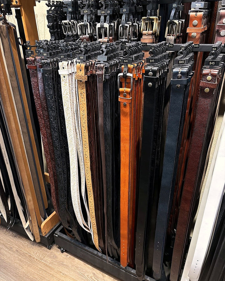 Racks of leather belt straps